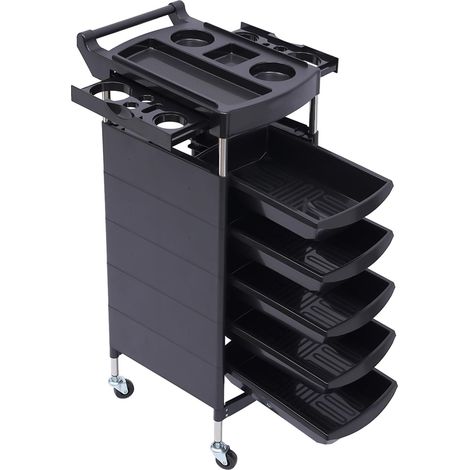 Carrello da salone, salone cassetta degli attrezzi, parrucchiere da parrucchiere con ruote, ripiano laterale con 5 cassetti, per saloni di bellezza, barbiere, ospedali e centri sanitari, nero (1/5)