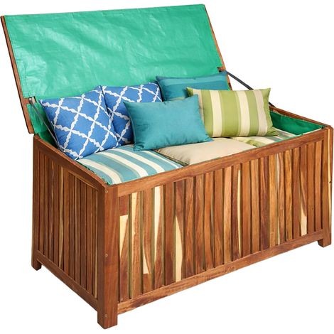 Relaxdays Gartenbox, Sitzpolster, Werkzeug, 60x90x50 cm, Akazienholz, wasserfeste Einlage, Balkon, Gartentruhe, natur (1/5)