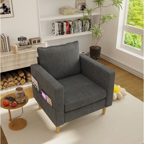 Fauteuil de relaxation en chenille grise 71 x 68 x 82 cm avec coussin et poches laterales (1/5)