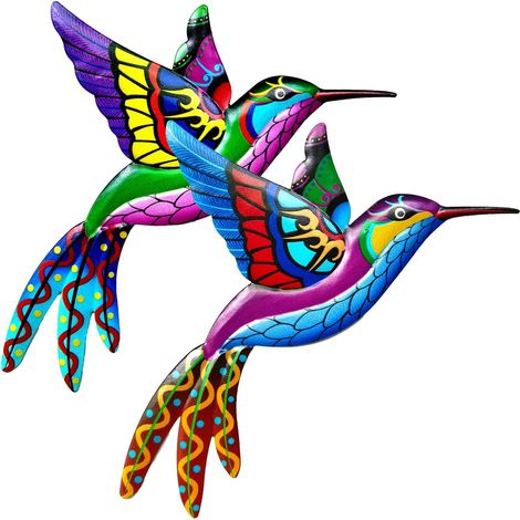 2 piezas de decoración de pared de colibrí de metal, adornos de pájaros coloridos para el hogar, jardín, patio, porche o cerca. (1/4)