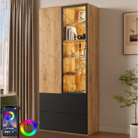 MODFU – Vetrina LED 70x35x160 cm con 2 ante, 2 cassetti, 6 ripiani regolabili, LED controllabile da app e anti-ribaltamento – Nero/naturale (1/5)