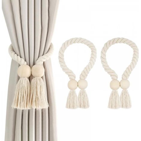 Lot de 2 embrasses de rideaux magnétiques, avec 2 aimants en boule de bois, crochets magnétiques pour rideaux, décoration pour bureau, maison, hôtel (beige) (1/5)
