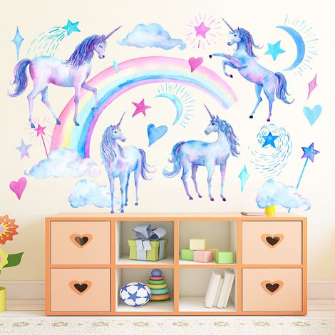 Stickers muraux licorne, stickers muraux arc-en-ciel, stickers muraux lune et étoiles