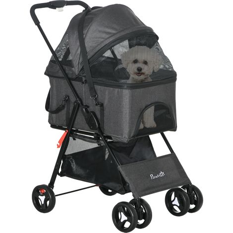 Poussette 3 en 1 Panier Cage Amovible Animaux Laisse Coussin Panier Auvent Gris (1/5)