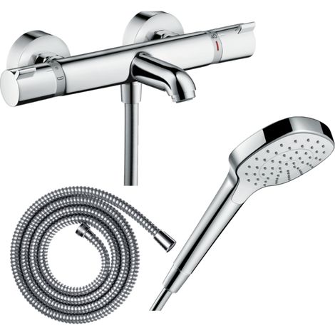 HANSGROHE Pack mezclador termostático para baño-ducha Ecostat Comfort + flexo Metaflex 160 cm + rociador Croma Select E EcoSmart blanco/cromo (1/4)