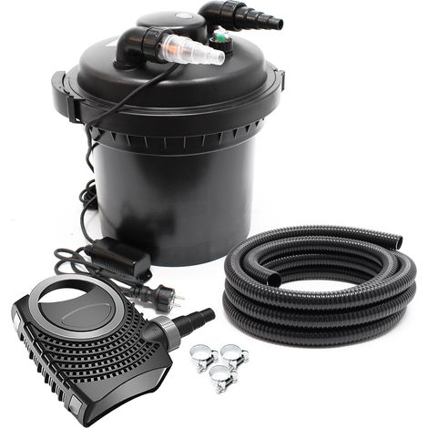 SunSun Komplettset: CPF-280 Teichdruckfilter bis 8000 L mit 11 Watt UV-C Teichklärer, NEO8000 SuperEco Teichpumpe 8000l/h 70W, 10m Teichschlauch 38 mm (1 1/2"), Schlauchschellen W1 44-47mm