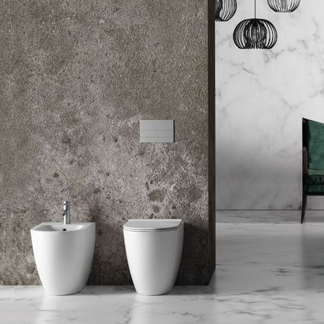 Coppia Sanitari Wc + Bidet a Terra Filo Muro FORM - Senza Brida - Senza Copri WC - In Ceramica Bianca (1/5)