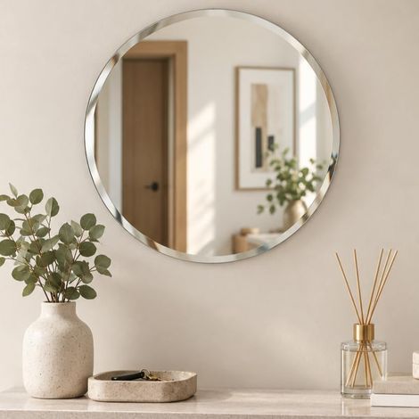 Miroir Mural Rond Moderne sans Cadre Verre Biseauté Argenté 40x40 cm (1/5)