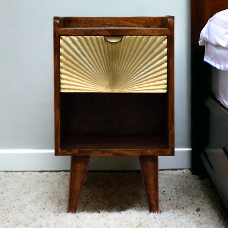 Table de chevet Mini Manila Gold en bois massif, 1 tiroir, 1 étagère, marron, de haute qualité pour une utilisation à long terme (1/5)