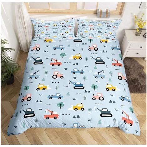 Tracteurs Housse de Couette Dessins animés Farm Equipment Trucks Parure de Lit 140x200cm Construction Car Sets Réversible - HEX (1/4)