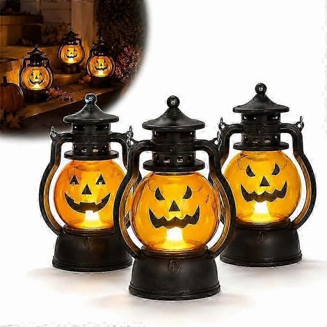 Lot de 3 mini lanternes citrouille LED vintage pour Halloween, avec visage de citrouille souriant, fonctionnant sur piles, lumière chaude idéale pour une fête d'Halloween à la maison ou dans le jardin (1/4)
