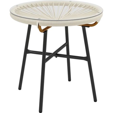 Table low of garden round in resin with finish metal appearance rattan and tray in glass hardened, MM 50 x 50 cm, cream (1/5)