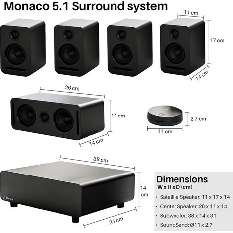 Système home cinéma sans fil 5.1 Dolby Atmos – Kit audio surround Monaco, technologie WISA, son pur sans délai, design épuré, noir
