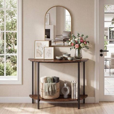 Montage facile, table console demi-lune 2 niveaux avec étagère ouverte et kit anti-basculement (1/5)