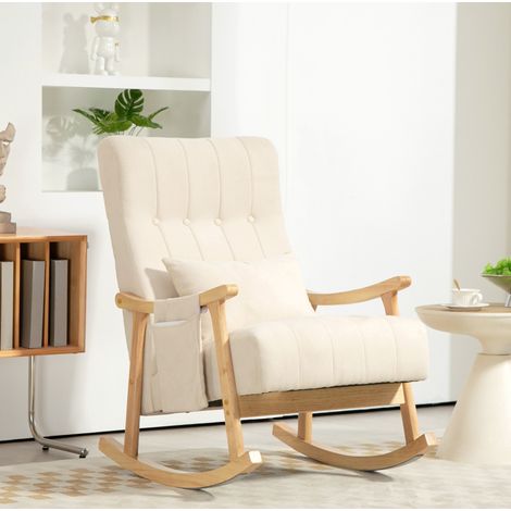 Sillón mecedora 65x90x98 cm beige en poliéster con cojín lumbar y bolsillos laterales