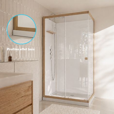 Aurlane – Cabine de douche rectangle 110x80x200/230cm – Aluminium effet bois – Verre trempé extra blanc – Receveur bas 7.5cm – Installation réversible