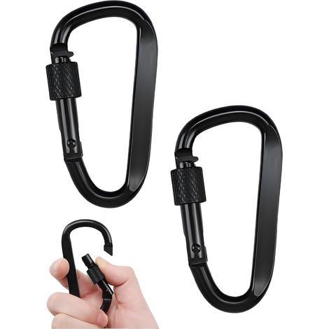 2 D-förmige Federhaken, Karabiner-Schlüsselanhänger, Aluminium-Karabiner, Schraubkarabiner für Rucksäcke, Schlüsselanhänger, Wasserflaschen, Seile usw. (Schwarz)