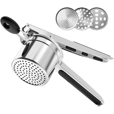 Kartoffelstampfer aus Edelstahl, Obst- und Gemüsepresse, großes Fassungsvermögen mit 3 austauschbaren Scheiben, große Größe, robust, Edelstahl mit Silikongriff (große Größe) (1/5)