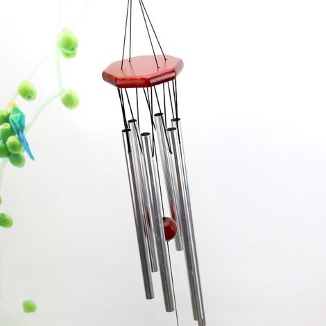 Carillon éolien décoratif en bois et tubes multiples en aluminium et bois, idéal pour une maison, une porte, une fenêtre ou une terrasse. Tube argenté et blanc. (1/4)