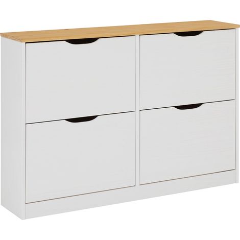 Idimex – Meuble à chaussures en pin massif – 4 abattants – Design maison de campagne – Dimensions 79 x 115 x 25 cm – Couleur blanc/brun (1/7)