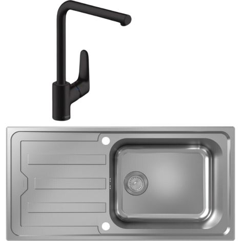 Evier 1 bac HANSGROHE S44 inox + robinet de cuisine HANSGROHE Focus M41 280 noir mat (1/4)