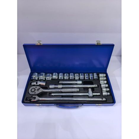 Jeu de Clés à Cliquet en Acier au Chrome Vanadium avec Étui Métallique Bleu, Kit d'Outils de Réparation Automobile et Domestique Multifonction, 24 pièces