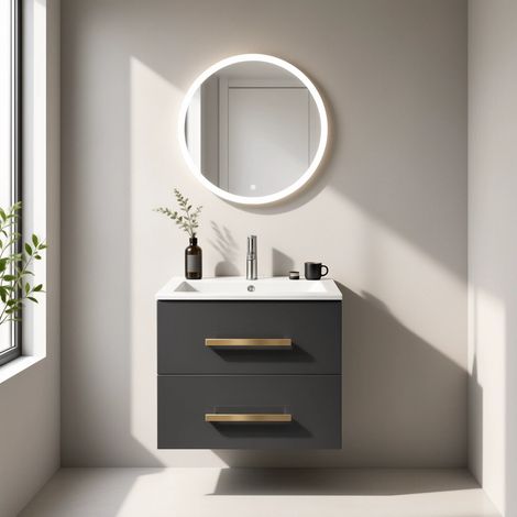Meuble Salle deBains avec vasque/lavabo sous vasque suspendre Chania 60 Gris brillant, 1 Miroir Rond 60 avec LED (1/4)