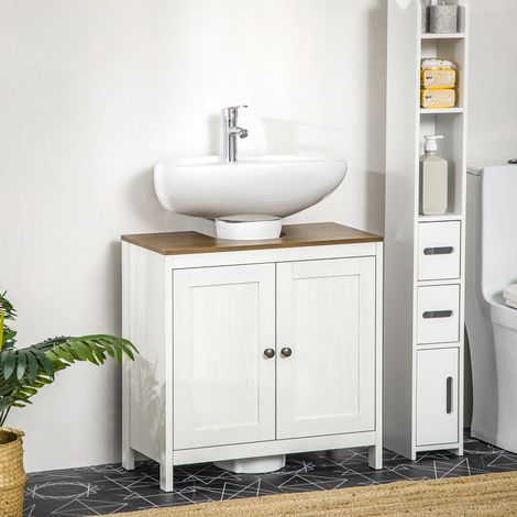 Blanc et noyer - Armoire sous-lavabo forme U, étagère réglable et 2 portes, bois d’ingénierie, 60x30x60 cm