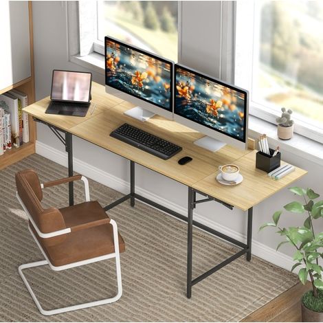 Escritorio plegable de madera color roble con patas de metal negro, regulable 100/135/170 cm (1/5)