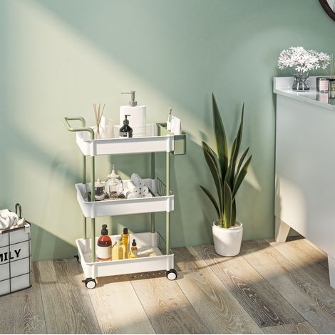 Chariot de rangement à 3 niveaux avec panier suspendu, roulettes freinées et poignée, étagère de salle de bain en acier blanc pour cuisine et bureau  CHICFURN (1/5)