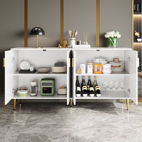 Aparador de cocina/salón 152x40x75cm – Tiradores y patas dorados, 4 puertas + Antivuelco, MDF, blanco (1/5)