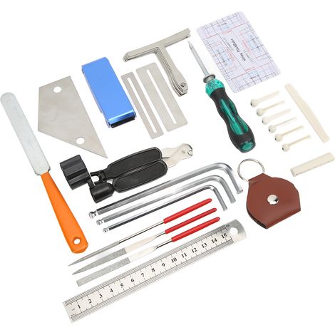Kit d'outils de réparation de guitare 36 pièces : réglage, entretien, changement de cordes, clé d'accordage, règle de niveau (1/5)