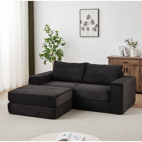 Divano letto modulare 2 posti in velluto a coste nero, con 2 cuscini OKMYHOME (1/5)