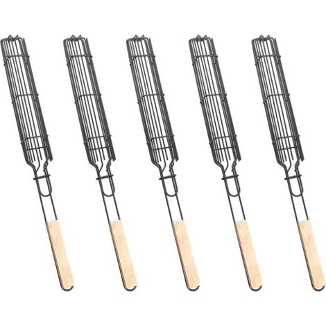 Lot de 5 paniers de barbecue avec poignées en bois, pour gril robuste, sans fer, saucisses, viande, légumes, 49 x 5 x 4 cm, noir (1/5)