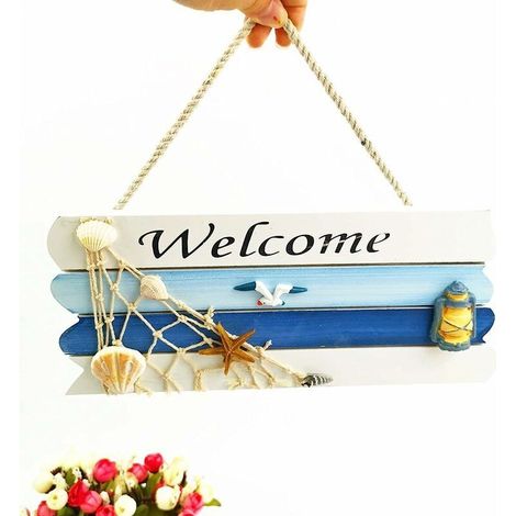 - Panneau de bienvenue en bois, Décorative Bois Bienvenue Plaque pour Porte Suspendue, Panneau Bienvenue Maison méditerranéen style, pour Porte décoration murale,Bleu(26.5x11.5 cm )