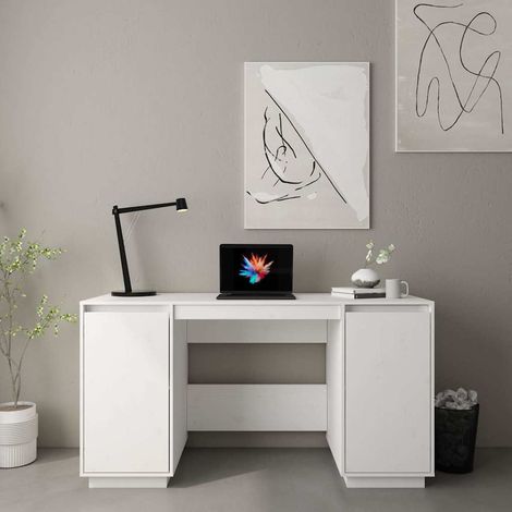 Bureau informatique Table de bureau - Blanc 140x50x75 cm Bois massif de pin BV427094 - BonneVie (1/5)