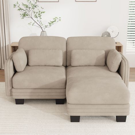 Canapé modulable en L 2 places 176x143x88cm avec pouf, coussins lombaires et d'accoudoirs, cadre en bois massif, chenille marron clair (1/5)