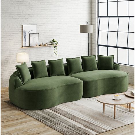 Canapé 4 places modulaire in chenille verde, senza montaggio, seduta profonda con chaise longue