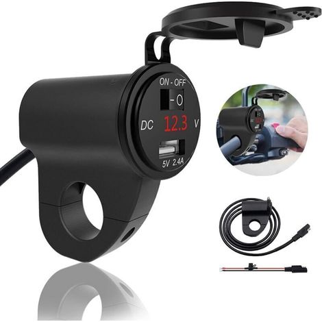 Chargeur Téléphone Moto Étanche avec Voltmètre et Fusible, Prise USB avec Interrupteur, Adapté Guidon 22 mm, Noir (1/5)