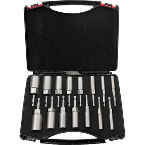 Coffret de 15 embouts de vissage et de perçage pour perceuse électrique, comprenant des douilles hexagonales en acier au chrome-vanadium de 5,5 à 19 mm, un porte-embouts et un étui de rangement.