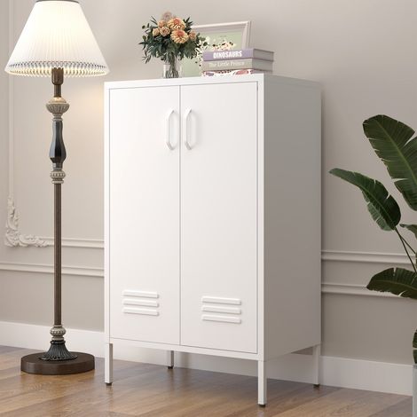 Armoire de rangement en acier blanc 2 portes 2 étagères réglables, multifonction salon cuisine chambre garage bureau 65x35x106,6cm (1/5)