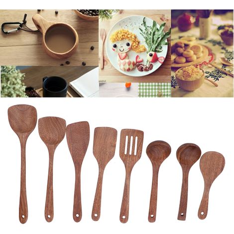 Ensemble de 8 ustensiles de cuisine en bois : spatule, pelle, cuillères, ustensiles pour mélanger, remuer et servir (1/5)