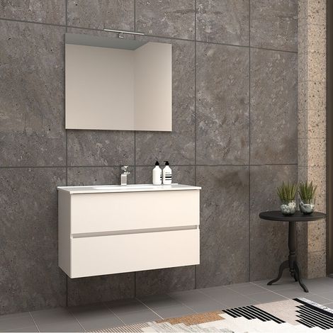 Mobile bagno 90 cm sospeso bianco lucido a doppio cassetto Roxy con specchio filo lucido (1/4)