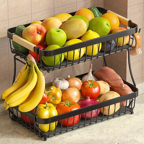 Cesto per frutta da banco a 2 livelli con 2 ganci per banane mobili, ciotola per frutta in metallo rimovibile con manico in legno, pane e snack. (1/5)