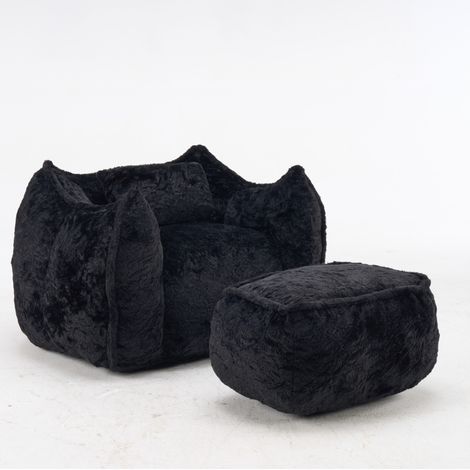Großer Sitzsack Sessel für Erwachsene und Kinder aus Kunstfell, Schwarz, mit Hocker und Kissen (1/5)