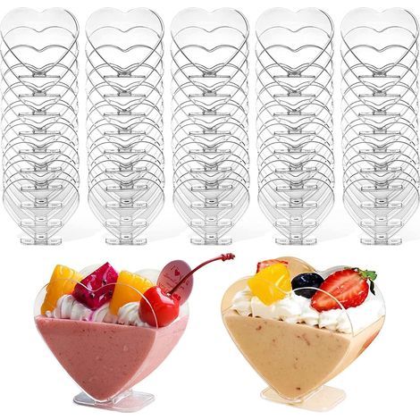 50 Stück Dessertbecher aus Kunststoff, 120 ml herzförmige Dessertbecher, perfekte transparente Vorspeisenbecher, wiederverwendbare Servierschalen für Mousse, Pudding und Dessertpartys (7,6 x 7,1 cm) (1/5)