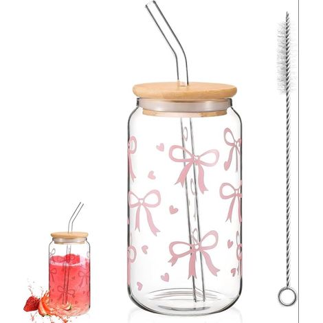Pink Bowknot Glass Drinking Glasses with Lid and Straw for Beer Milk Water Juice Coffee Gift for Friends (1/5)