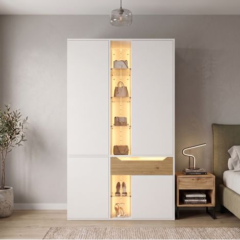 Armoire penderie 122x50x200 cm MDF blanche, vitrine LED et rangement pour chambre – MEUBLIV (1/5)