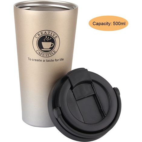 Tasse à café portable isotherme en acier inoxydable 500 ml, finition givrée, couleur or. (1/5)