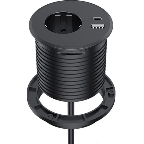 Prise Encastrable Plan de Travail avec 1 Prise, 1 Port USB C, 1 Port USB A, 80 mm de Diamètre, Prolongateur de 2M de Câble, Prise Bureau pour la Cuisine, Le Bureau, Les Meubles (Black) (1/5)